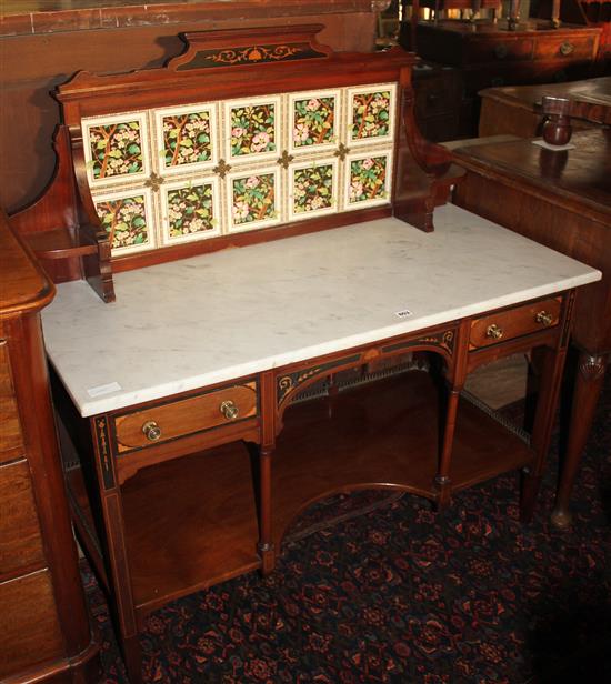 Mahogany inlaid tile back, marble top washstand